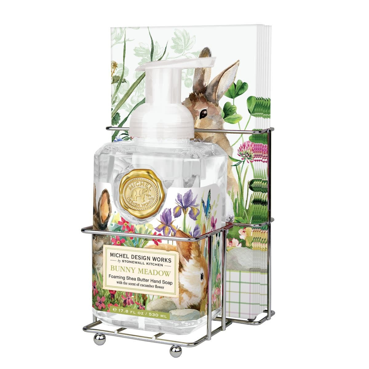 Foaming hand soap dispenser with bunny meadow floral napkins