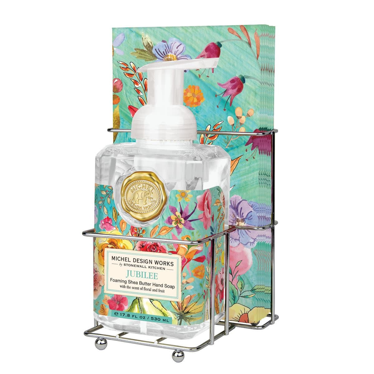 Foaming hand soap dispenser with Jubilee gold napkins in a set.
