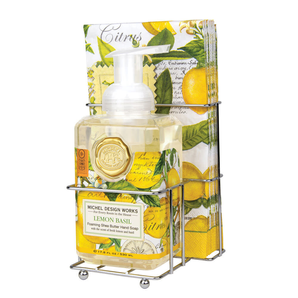 Foaming hand soap dispenser in lemon basil with a pack of fifteen matching napkins.
