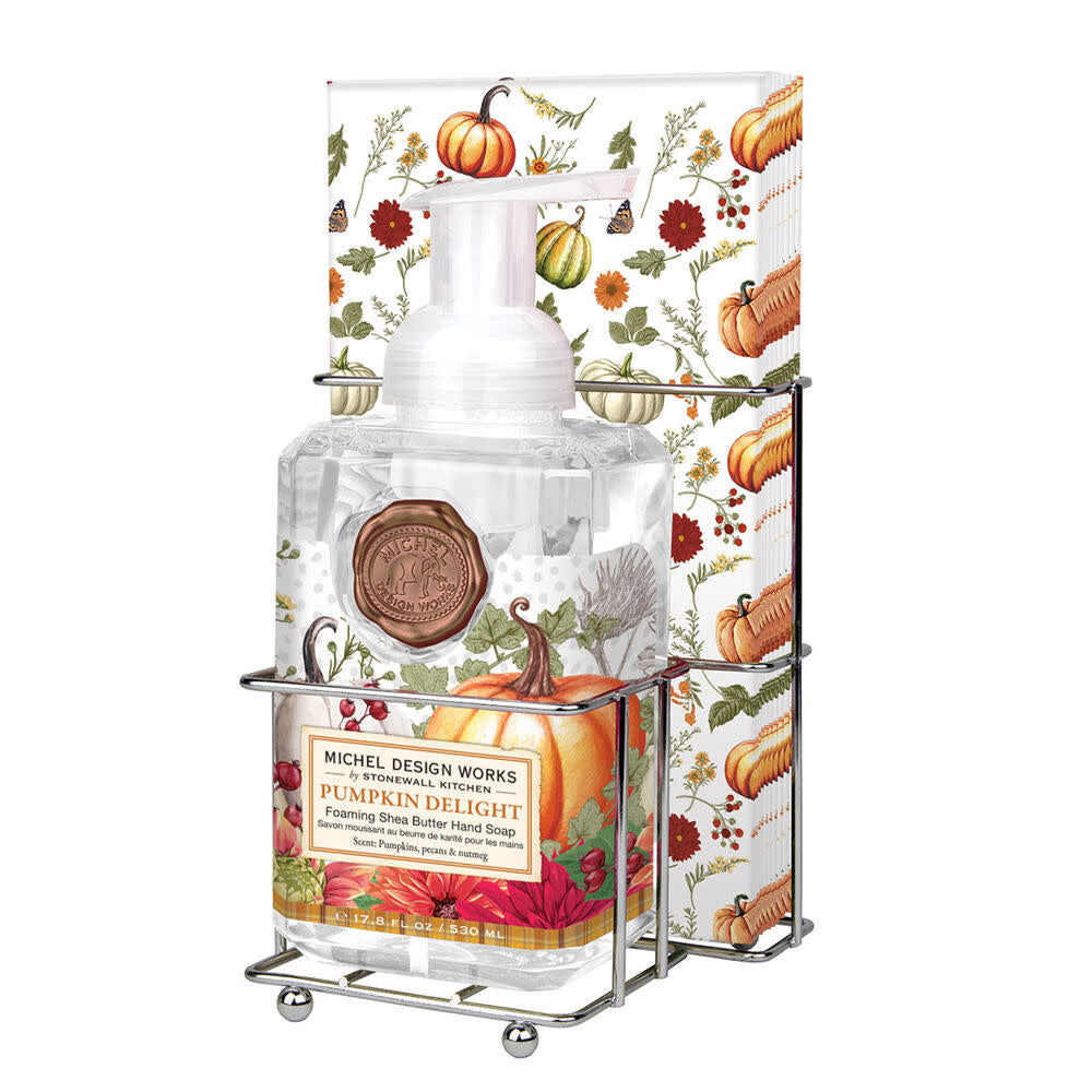 Pumpkin Delight foaming hand soap pump with matching napkins in a set.