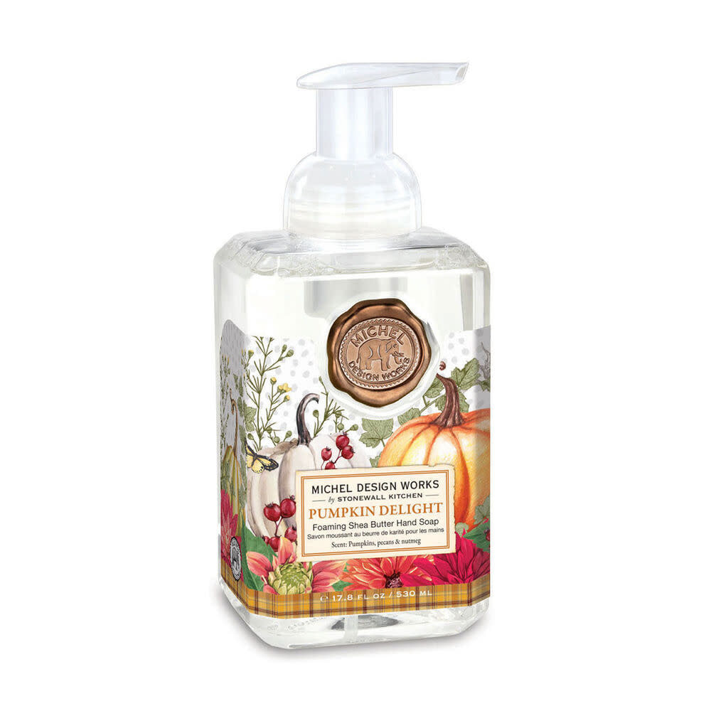 Foaming hand soap pump bottle in Pumpkin Delight amber liquid with a white dispenser.