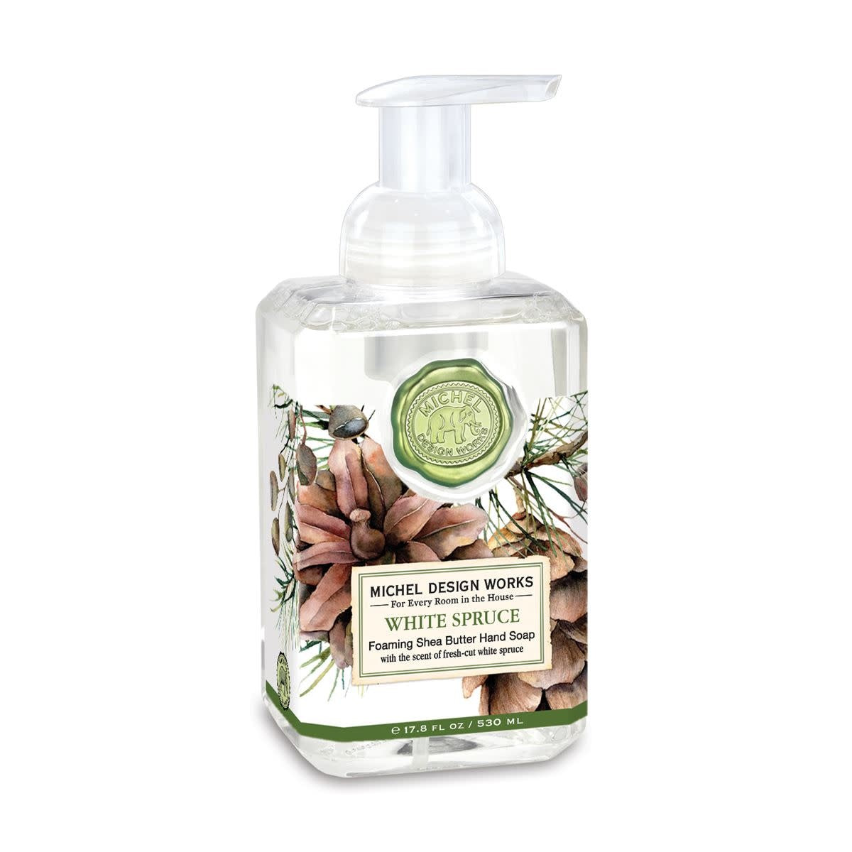 White bottle foaming hand soap with spruce scent
