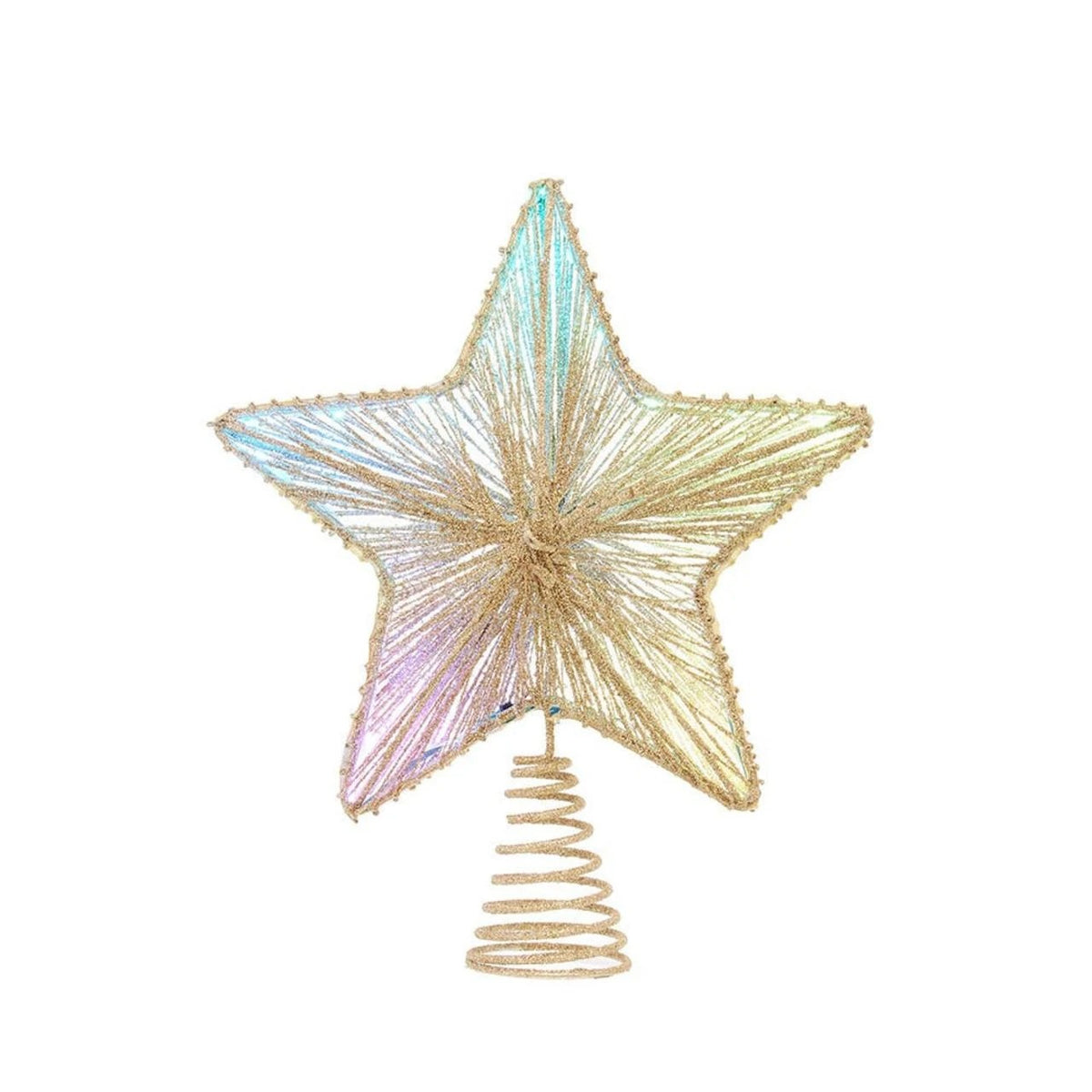 11.5-inch multicolor SMD LED star tree topper with gold wire frame and spiral base.