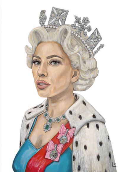 Artwork print of a woman with blonde hair wearing a crown, royal robe, and emerald necklace.