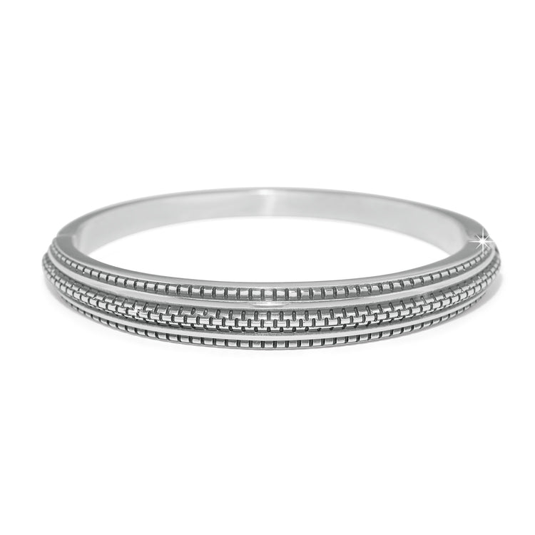 Silver plated hinged bangle bracelet with a smooth circular silhouette.