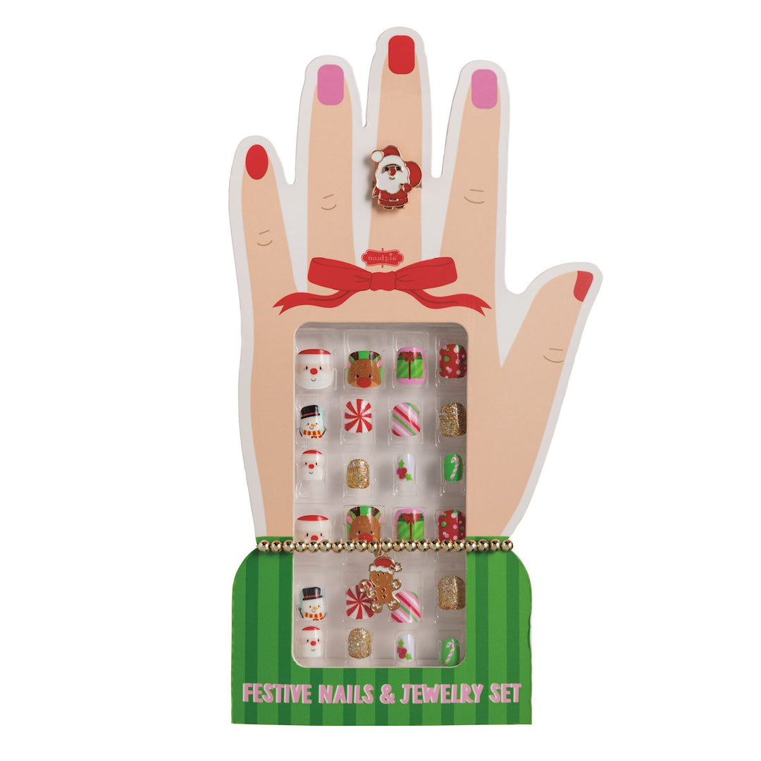 Christmas Nails & Jewelry Set with a Santa ring, gingerbread bracelet, and festive press-on nails.