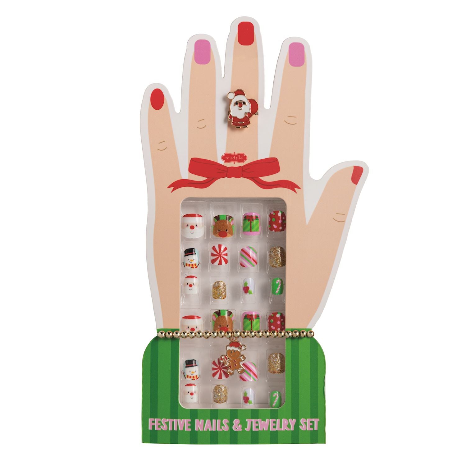 Christmas Nails & Jewelry Set with a Santa ring, gingerbread bracelet, and festive press-on nails.