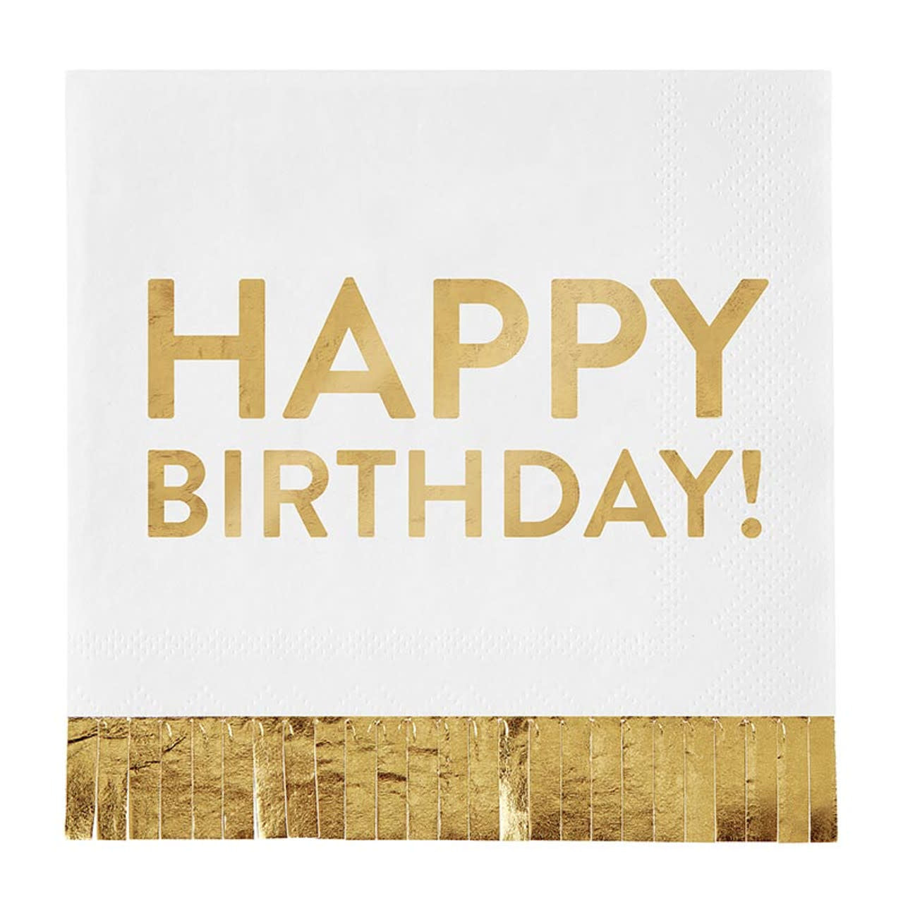 Gold foil fringe paper cocktail napkins with a Happy Birthday text pattern.
