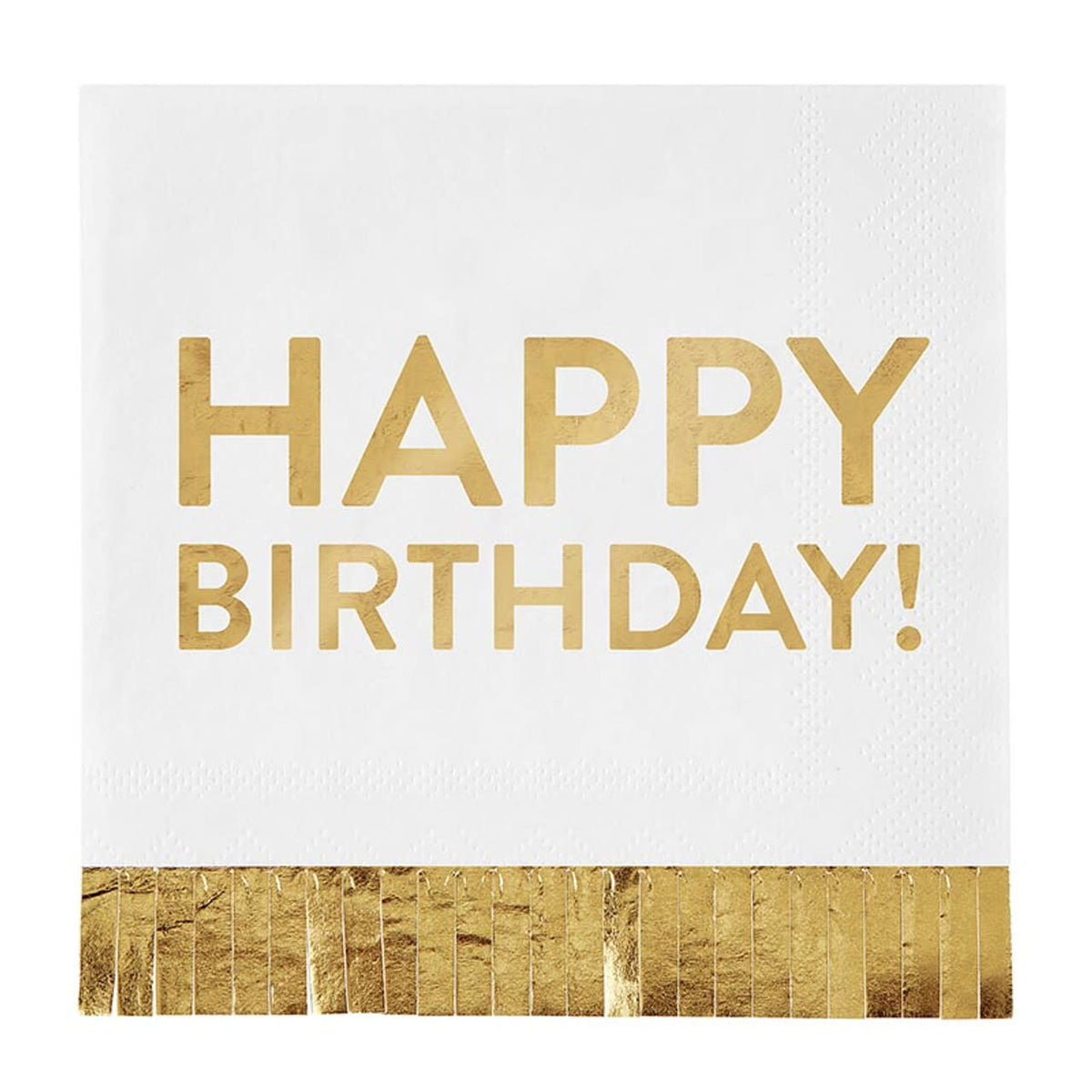 Gold foil fringe paper cocktail napkins with a Happy Birthday text pattern.