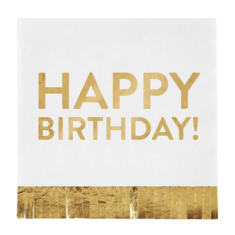 Gold foil fringe paper cocktail napkins with a Happy Birthday text pattern.