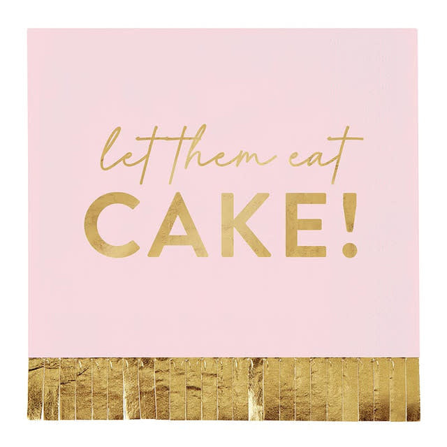 Square gold foil fringe cocktail napkin with colorful cake-themed text