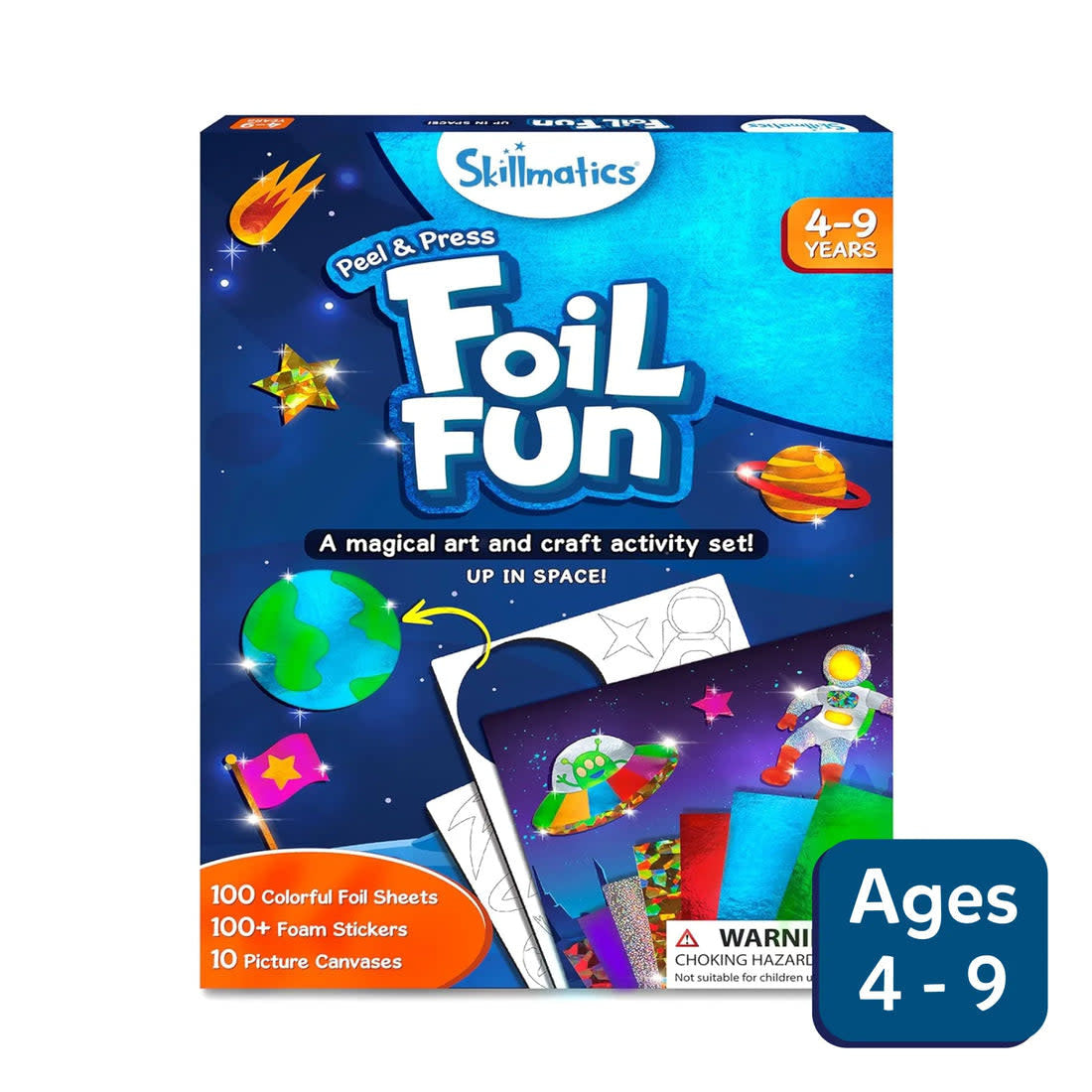 Foil Fun art kit box showing colorful foil sheets, foam stickers, and canvas canvases.