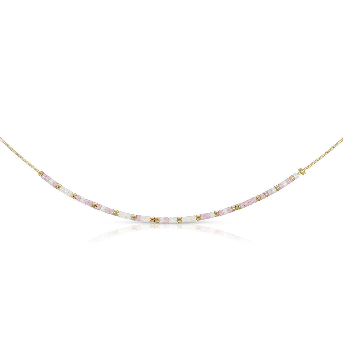 Rose gold chain necklace with iridescent pearl glass beads spelling Morse code message