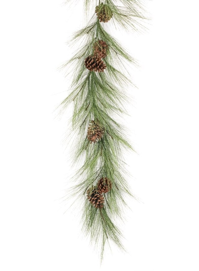 Long needle pine garland with green needles and brown pinecones against a white background.