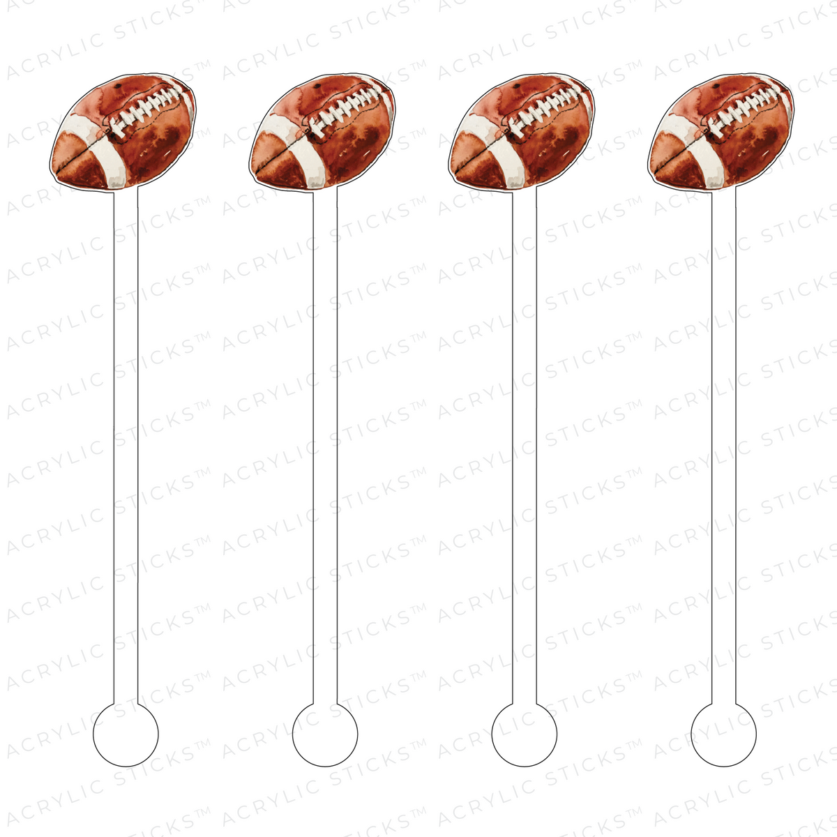 Set of four black football-shaped acrylic stir sticks with white laces.
