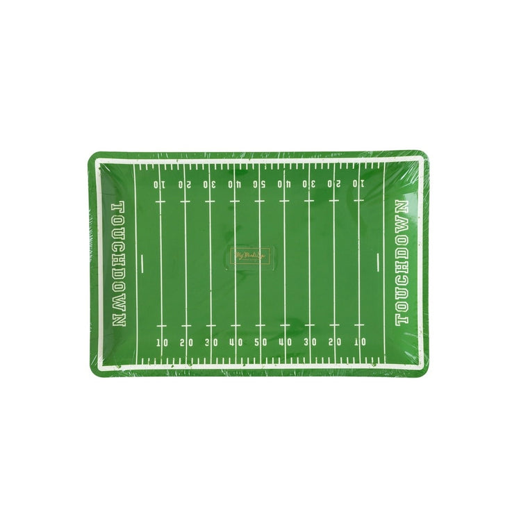 Football field paper tray with green gridiron pattern and white yard lines