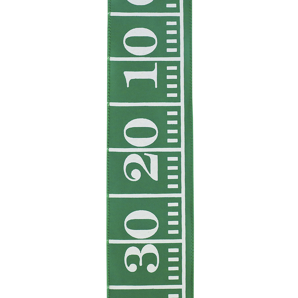 Green wired-edge polyester ribbon with a football field print pattern