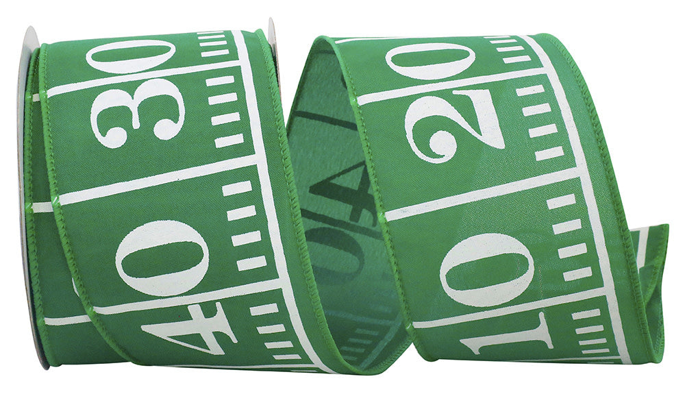 Red wired-edge ribbon with a football field print featuring green yard lines.