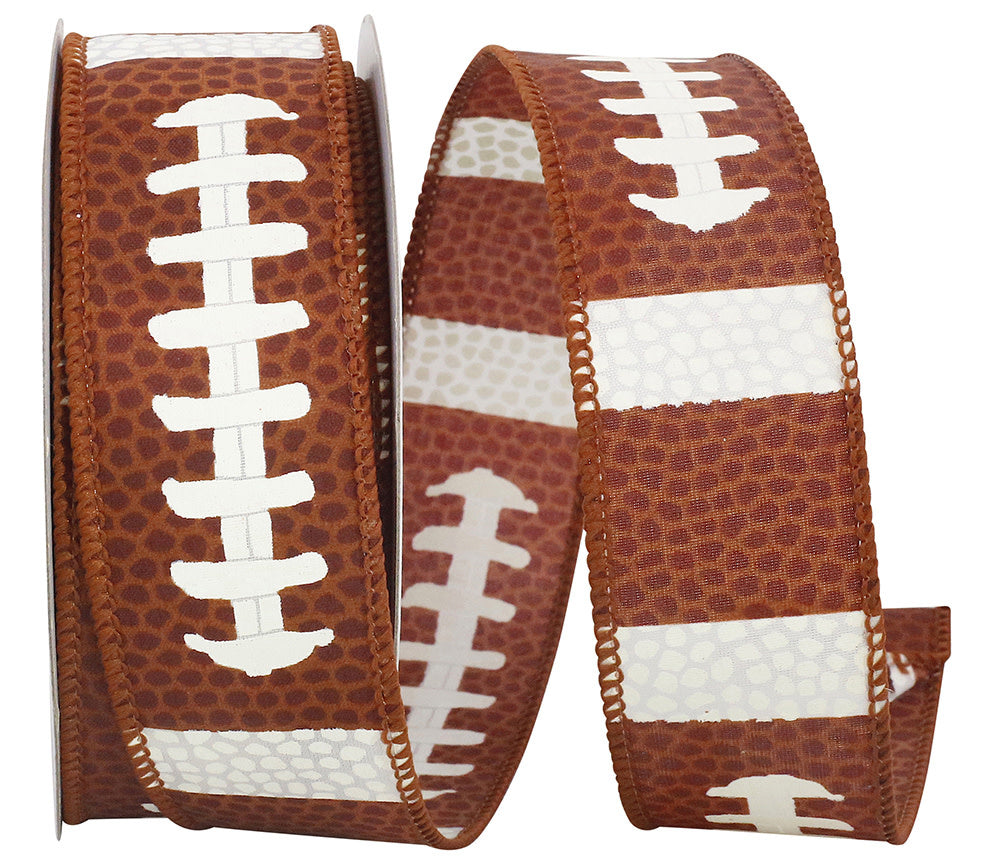 Brown wired-edge ribbon with a football pigskin texture pattern.