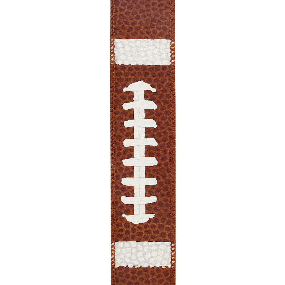 Brown wired-edge ribbon with a football pigskin texture pattern.