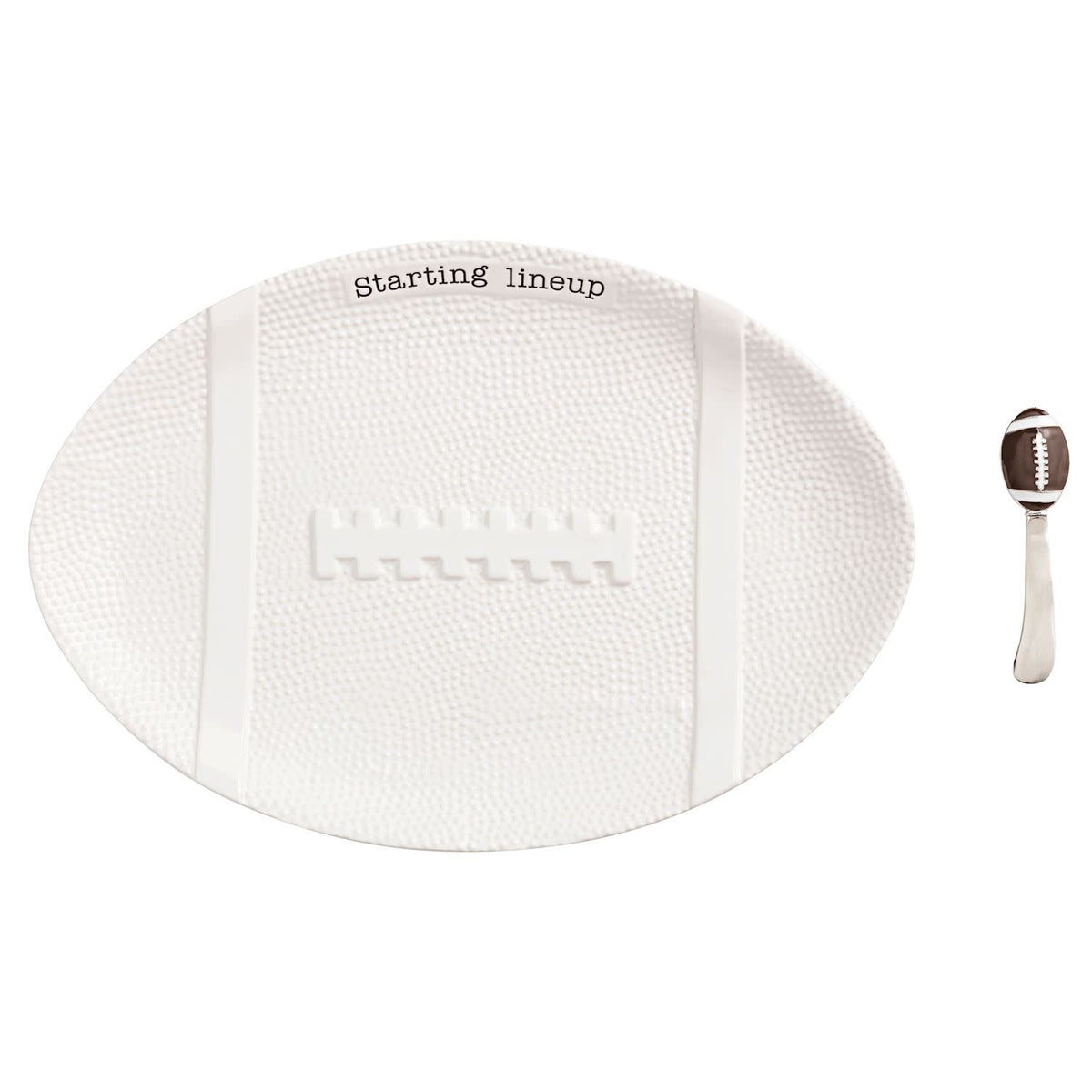 Ceramic football-shaped platter with textured surface, stainless steel spreader featuring an enamel-coated handle.