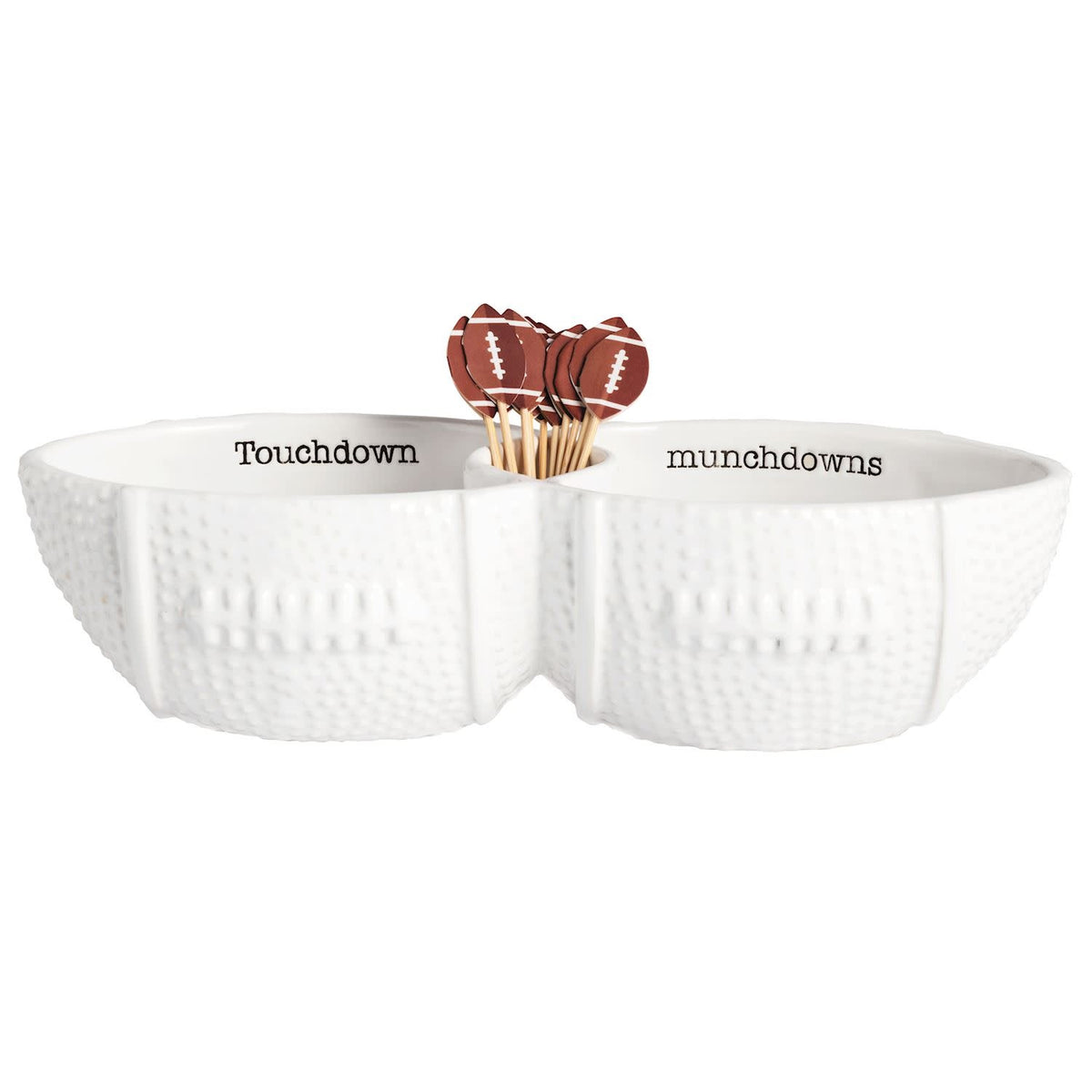 Textured ceramic football-shaped toothpick server with center well holding paper football topped picks.