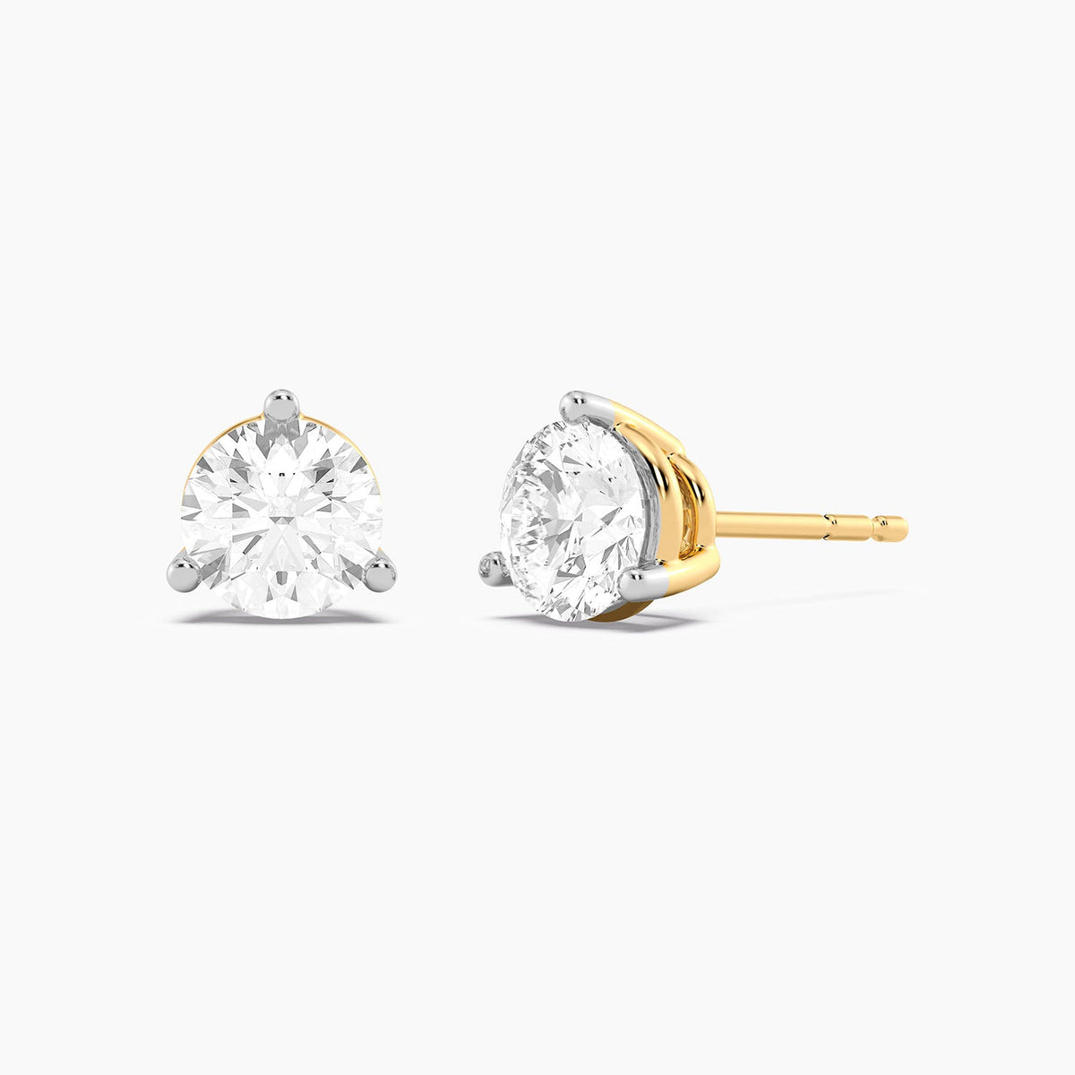 Lab-grown diamond three-prong stud earrings in gold finish