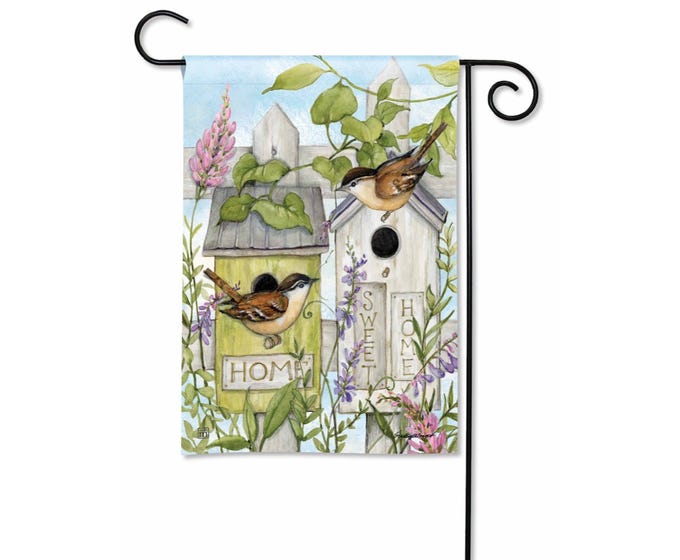 Garden flag with two birds on birdhouses, featuring "Sweet Home" text and floral accents.