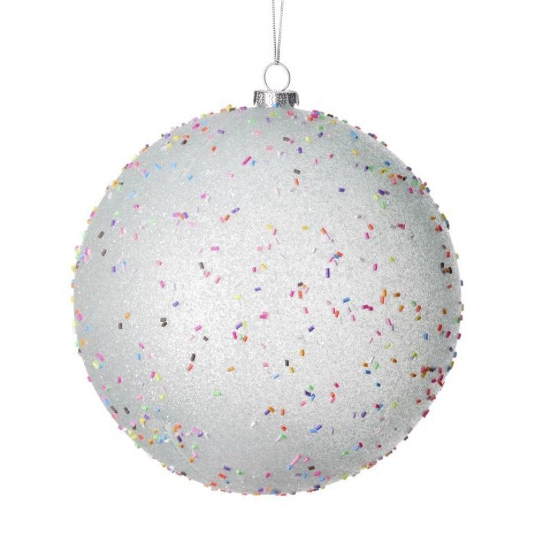 A round candy sprinkle ornament measuring 200mm with a colorful confetti pattern and glossy finish.