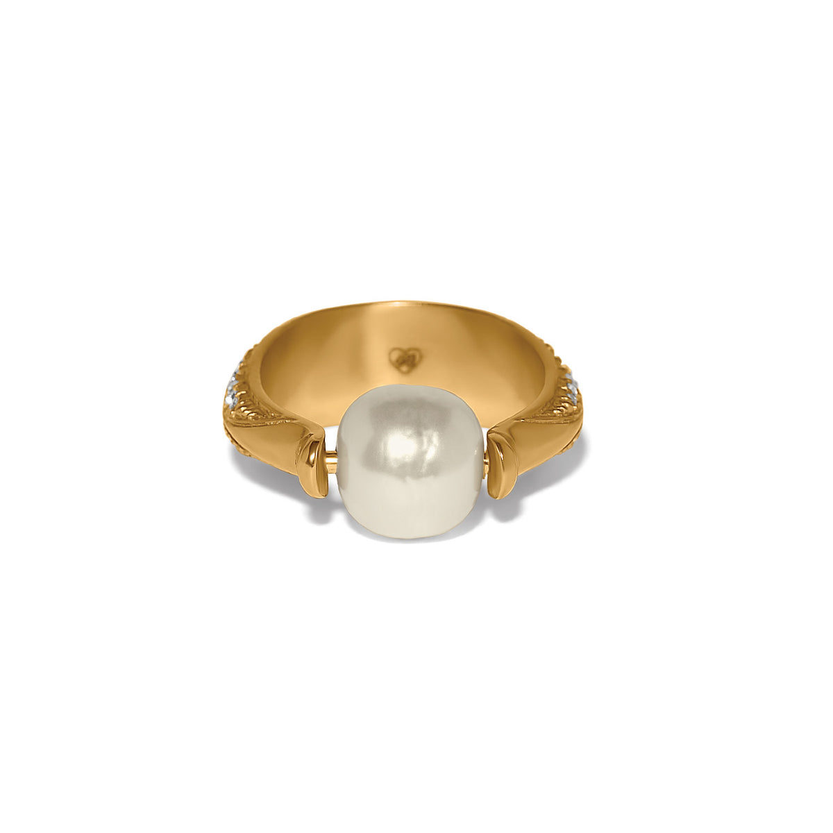 Gold plated Trust Your Journey ring featuring a large white pearl center and diamond accents.