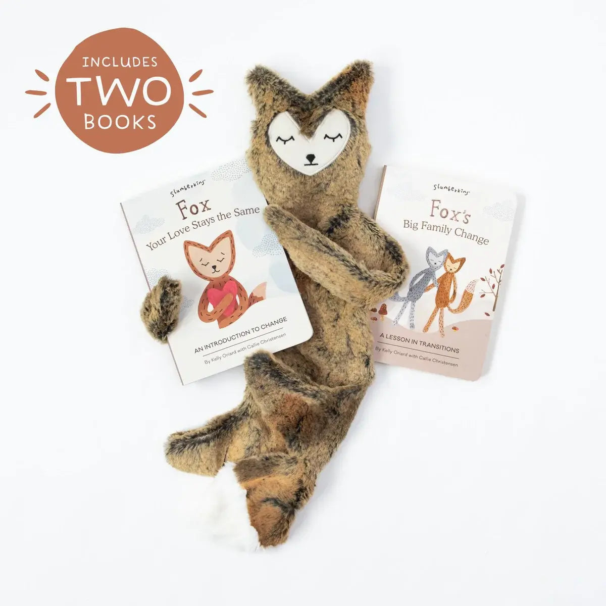 Slumberkins Fox Snuggler plush toy in tan with two attached board books.