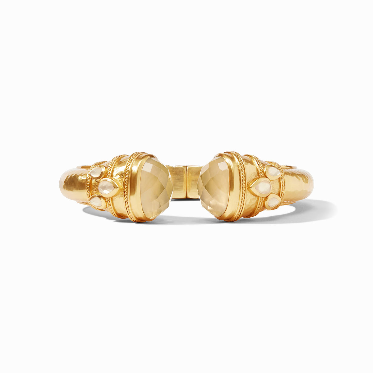 Cannes Cuff in 24K gold plate with large faceted imported glass stones and small accents.