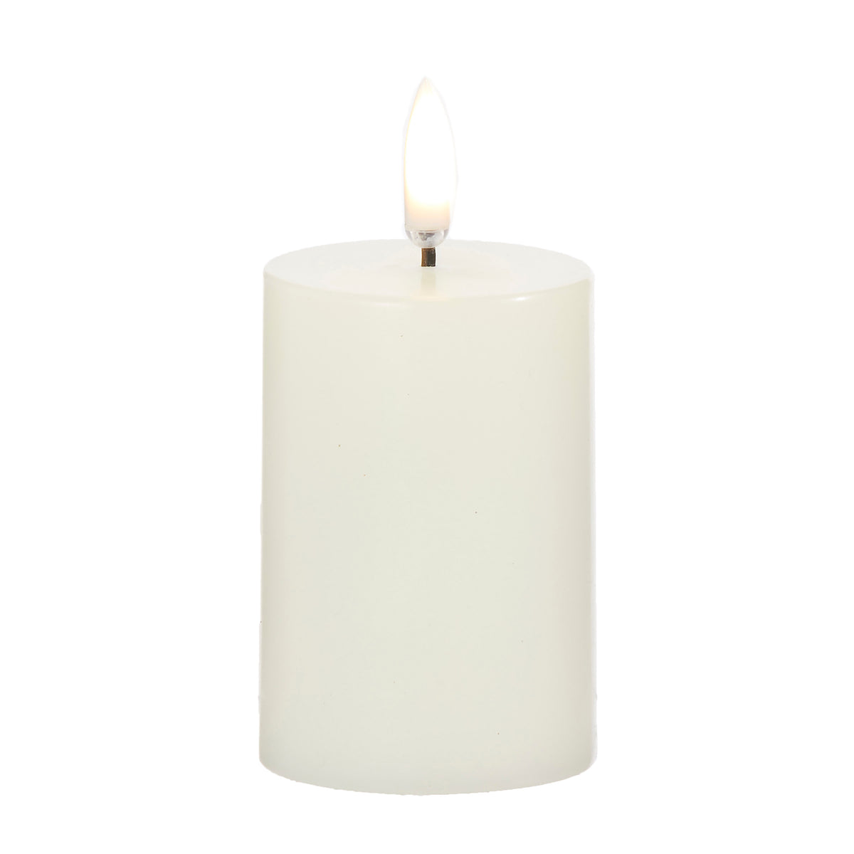 Ivory wax votive candle measuring two inches wide by four inches tall.