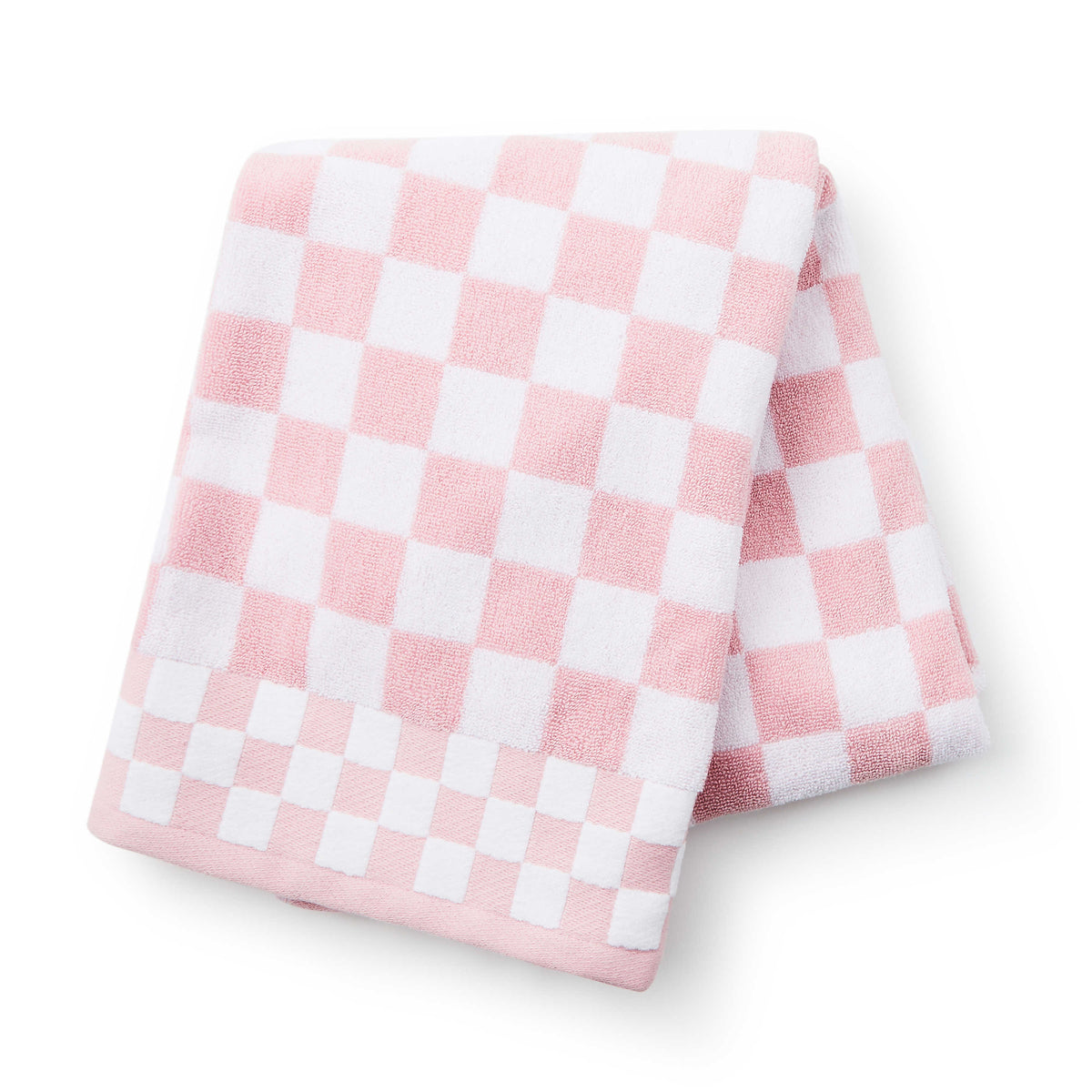 Rosy Check Bath Towel featuring a pink and white checkered pattern on 100% cotton fabric.