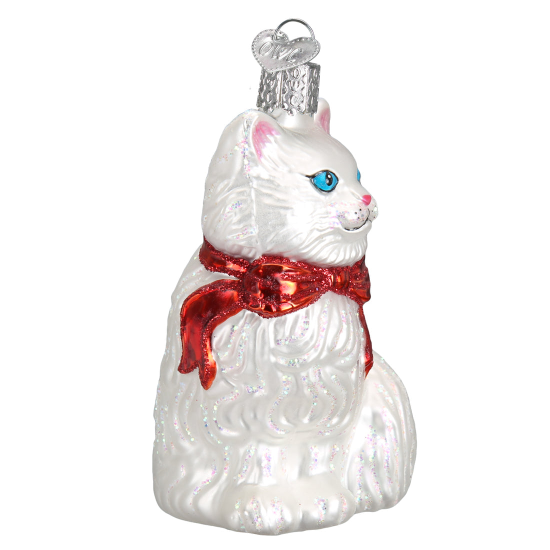 White glittery glass cat ornament with a red bow and blue eyes, titled Princess Kitty.