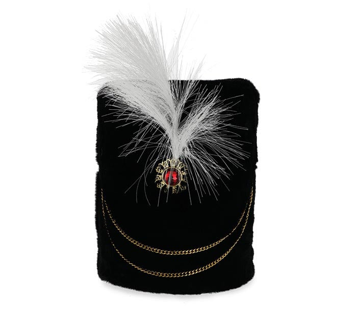 Black velvet nutcracker hat tree topper with white feather plume, red jewel, and gold chain detail.