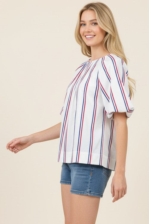 Women's Stella USA inspired stripe blouse with balloon sleeves, round neck, tucked detail, and back buttons in white cotton.