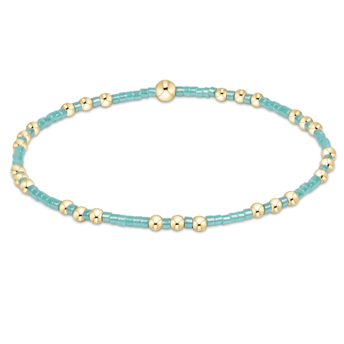 Hope Joy Bracelet featuring turquoise seed beads and 14kt gold-filled beads on an elastic band.