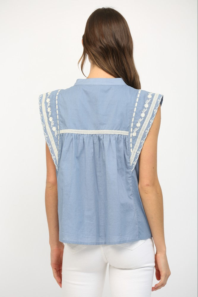 Leah Ruffle Sleeve Blouse With Tape And Embroidery