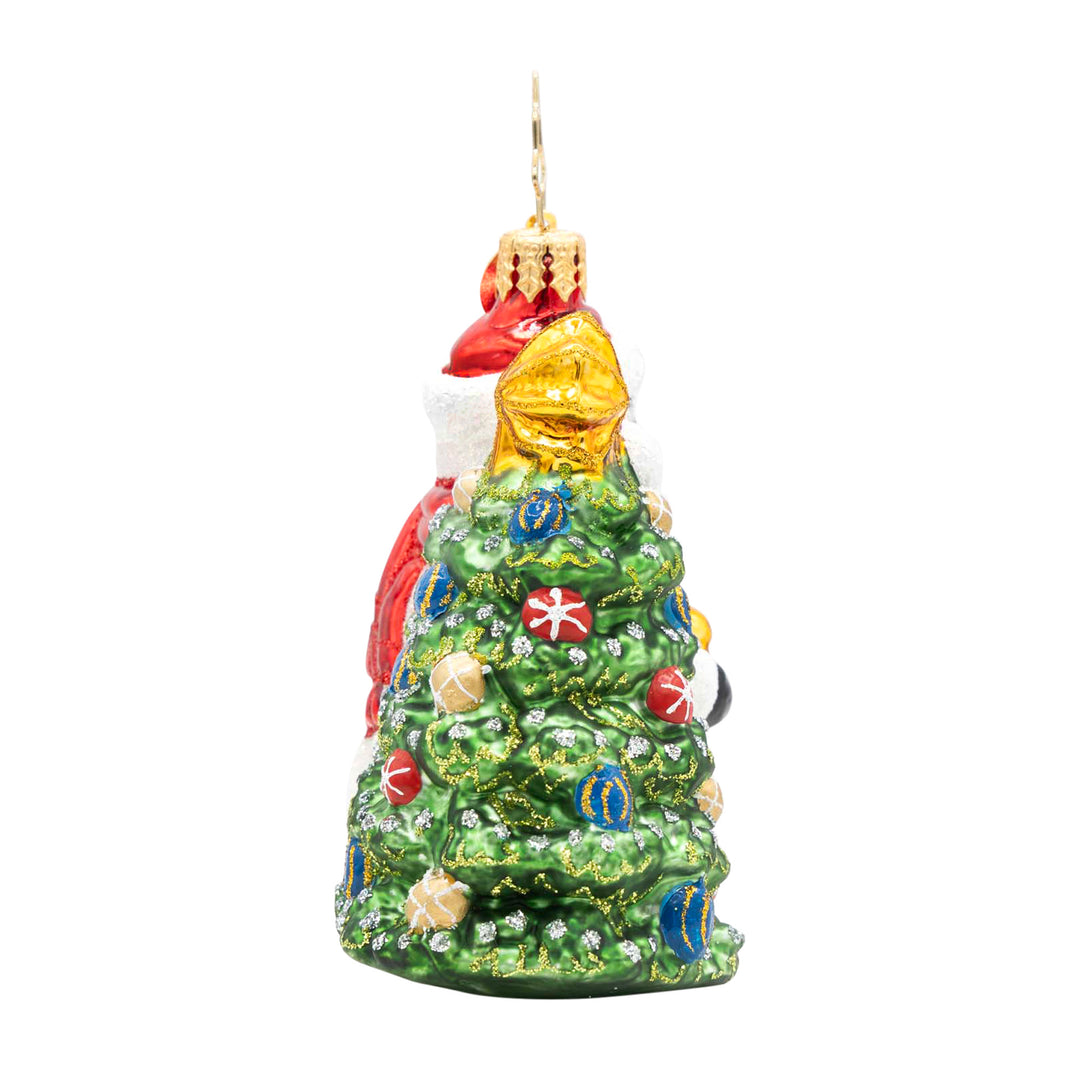 Snowy & Bright! Gem glass ornament featuring a green Christmas tree with colorful baubles.