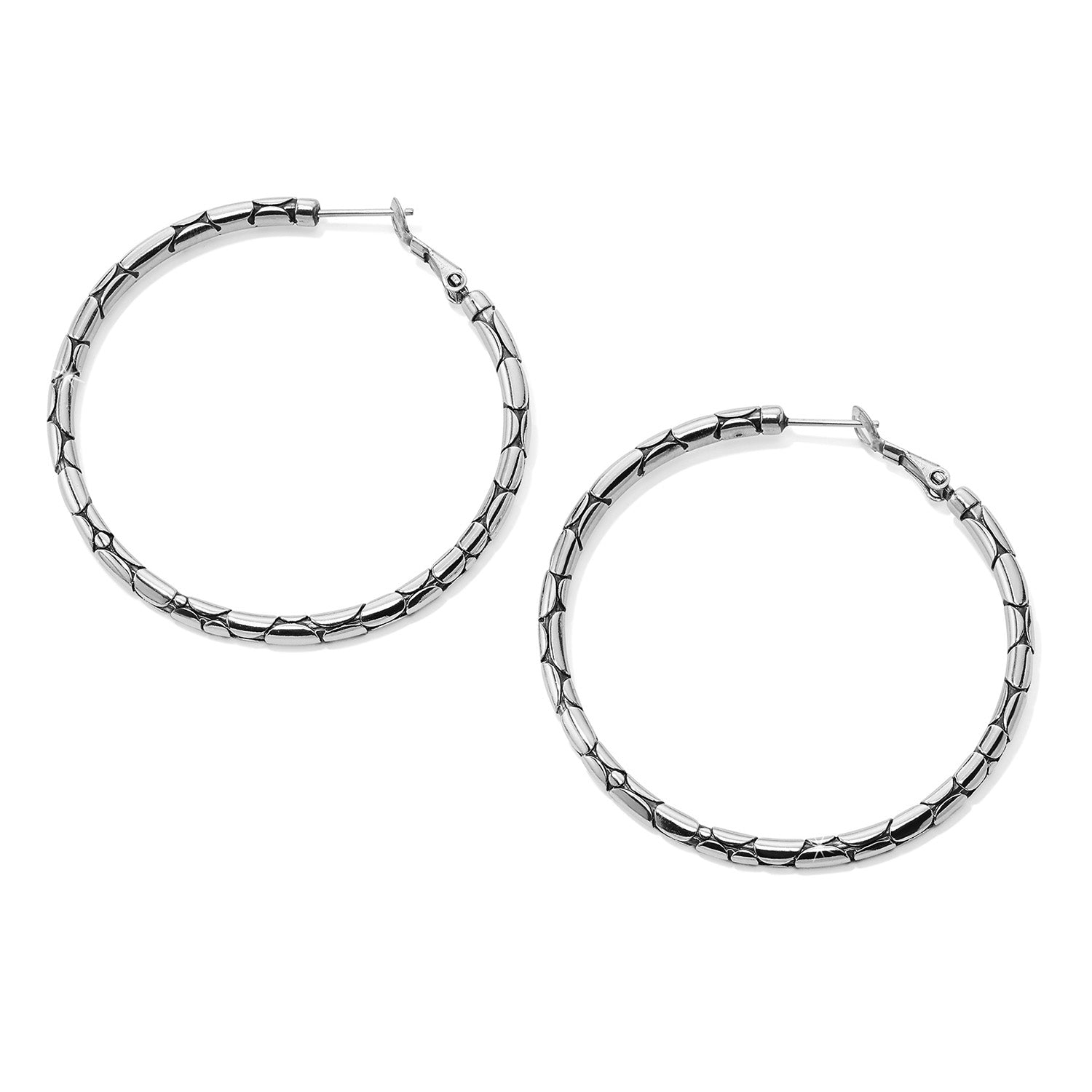 Silver-plated Pebble Large Hoop Earrings with an organic textured pattern and lever back closure.