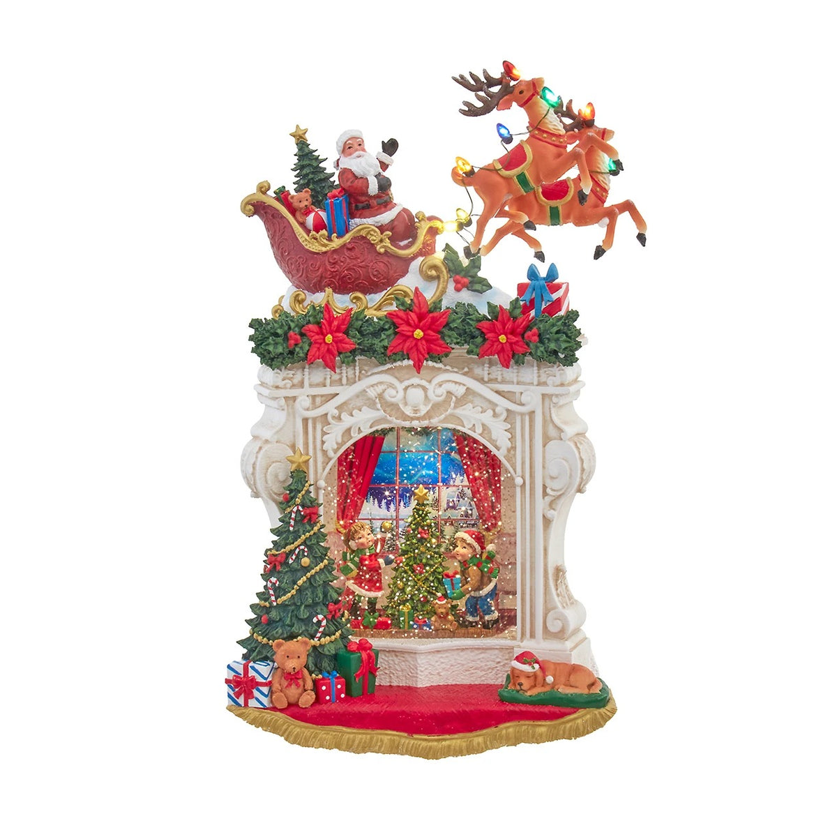 7-inch lighted fireplace table piece with Santa in a sleigh, reindeer, and swirling glitter scene.
