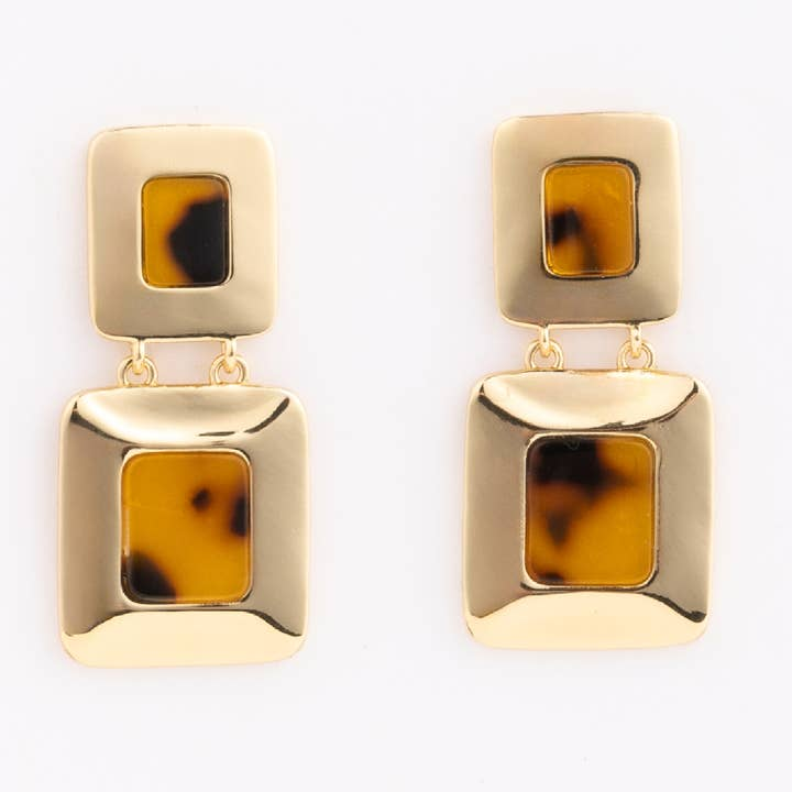 Harriette Earrings featuring two stacked gold-tone square frames with tortoiseshell inserts.