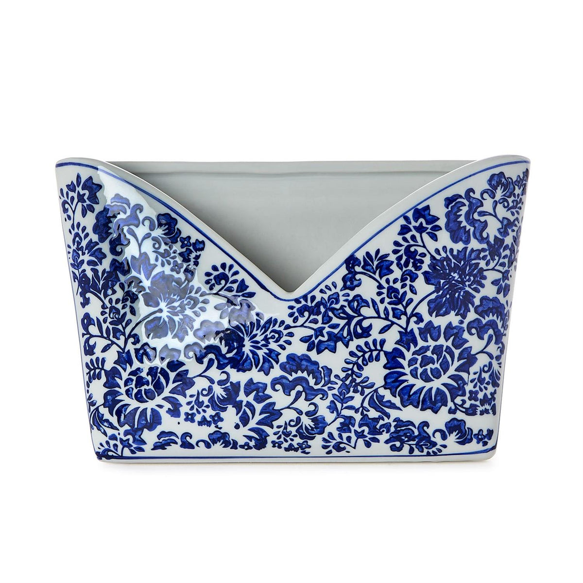 Chinoiserie hand-painted blue and white floral porcelain letter holder with a scalloped front edge.