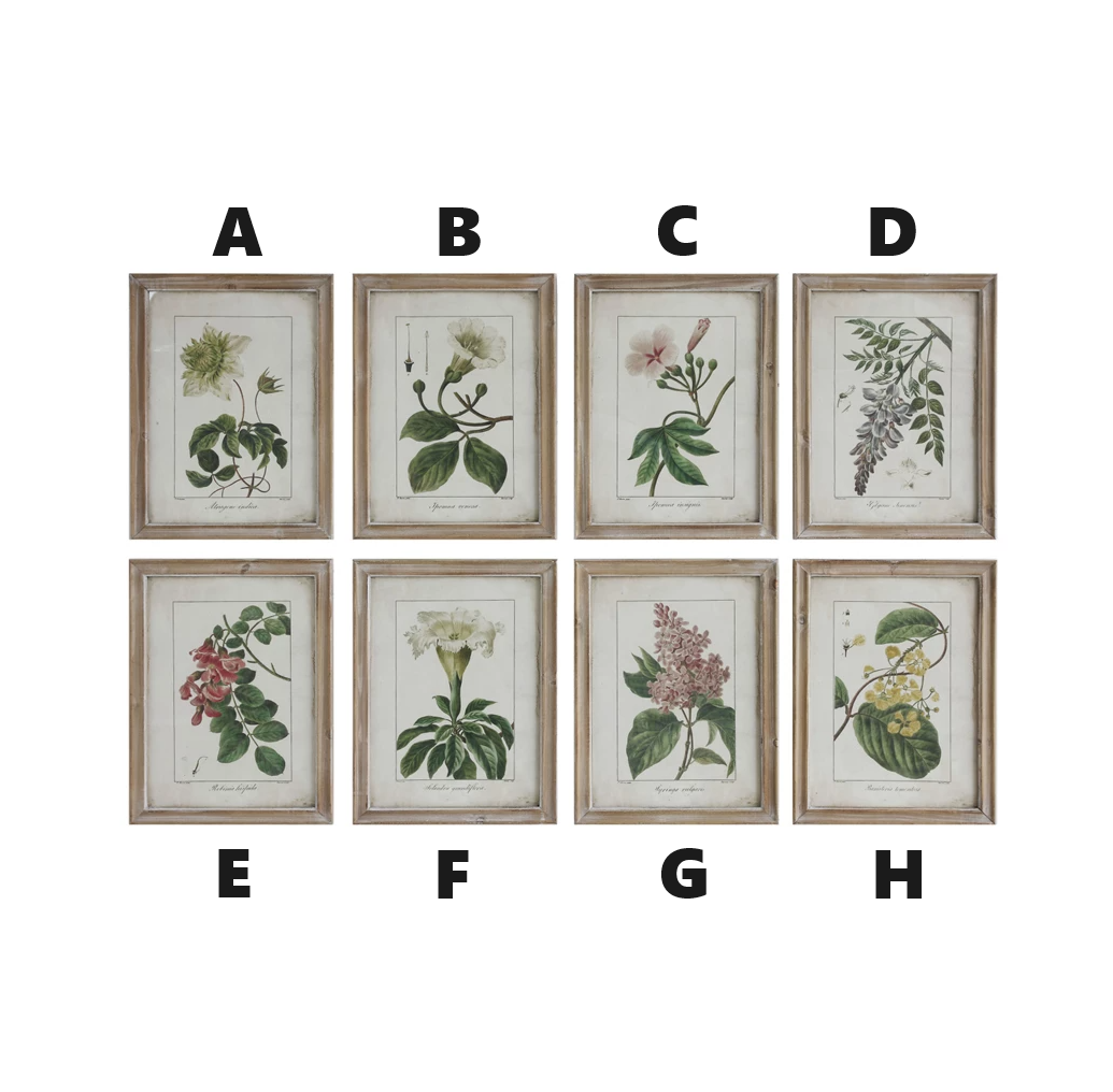 Distressed whitewashed wood frame with floral print wall decor