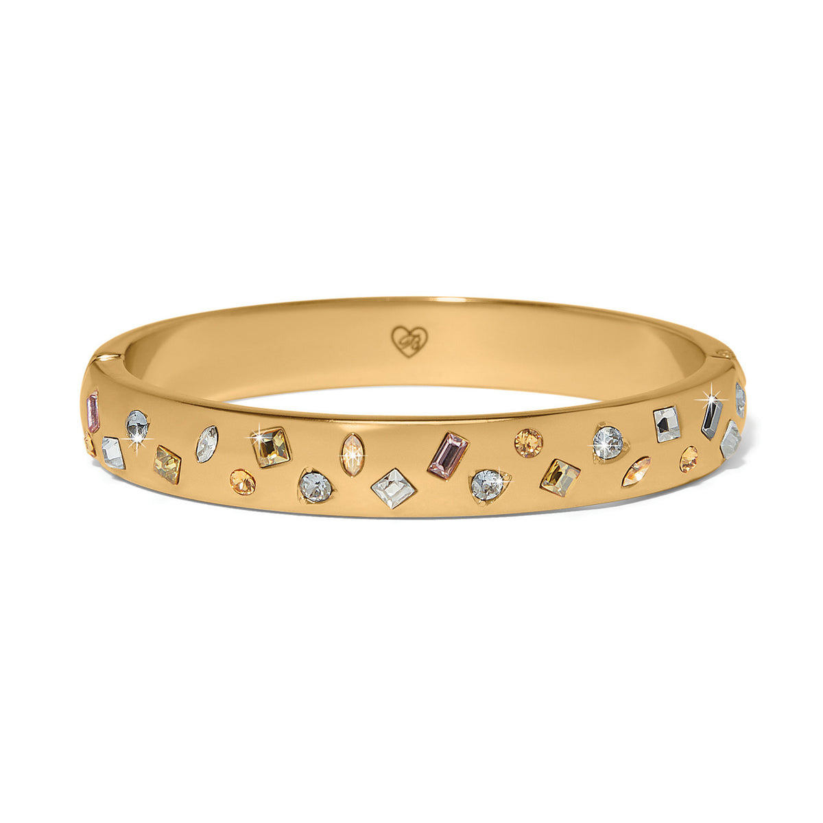 Gold-plated hinged bangle bracelet featuring multi-colored fine quality crystals in a circular silhouette.