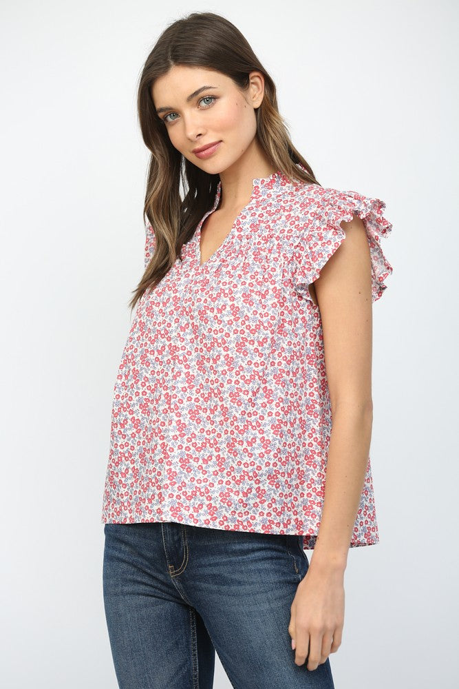 Women's Hannah flutter sleeve top with V-neck in solid cotton fabric.