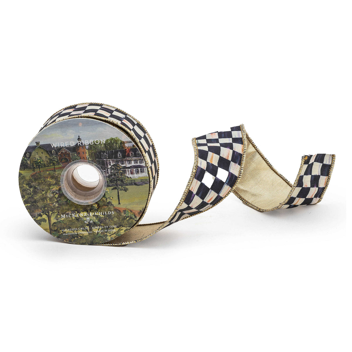 Courtly Check 2 inch wired ribbon with black and white checks and gold metallic edges on a spool.