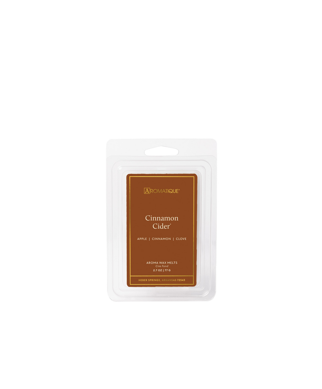 Aromatique Cinnamon Cider Aroma Wax Melts in a clear plastic tray with a brown and gold label.