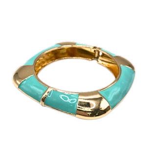 Hinged gold-tone cuff bracelet with alternating turquoise enamel and polished gold square segments.